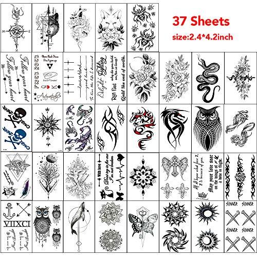 AWLEE 45 Sheets Temporary Tattoo Stickers Black for Men (8 Large Eagle Owl Wolf Tiger Dragon Lion Tribal Totem Pattern) 37 Small Waterproof Fake Tattoos Shoulder Chest Body Art Makeup Removable (Pattern1)