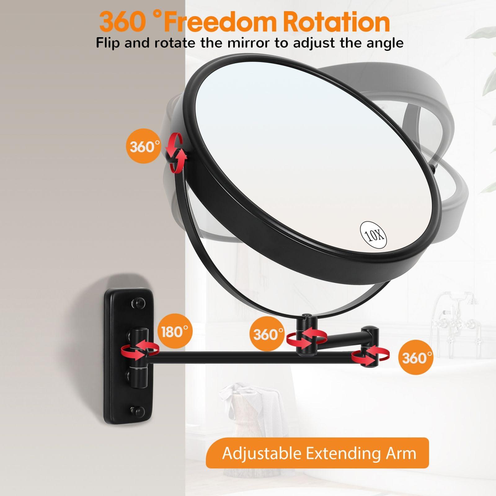 HOMEMIRO Large Size 9-in Wall Mounted Magnifying Makeup Mirror 1X/10X Magnification,Extendable Bathroom Mirrors Wall Mount Vanity Mirror for Shaving,12-in Folding Arm,Flexible Adjustable,Space-Saving,No Light