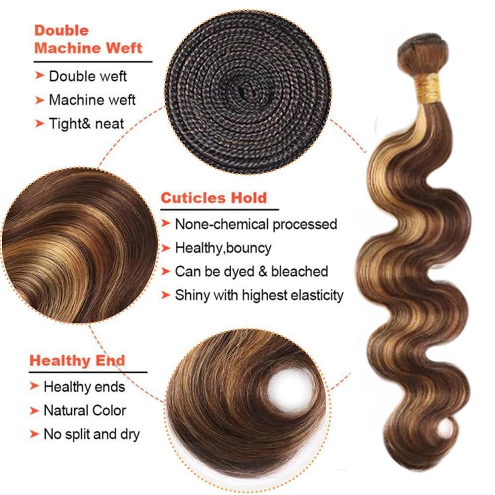 ZevPiul Honey Blonde Bundles Highlight Human Hair Bundles 22 22 22 Inch Ombre Blonde Body Wave 3 Bundles Brazilian Virgin Human Hair Bundles Two Tone Brown and Honey Blonde Bundles