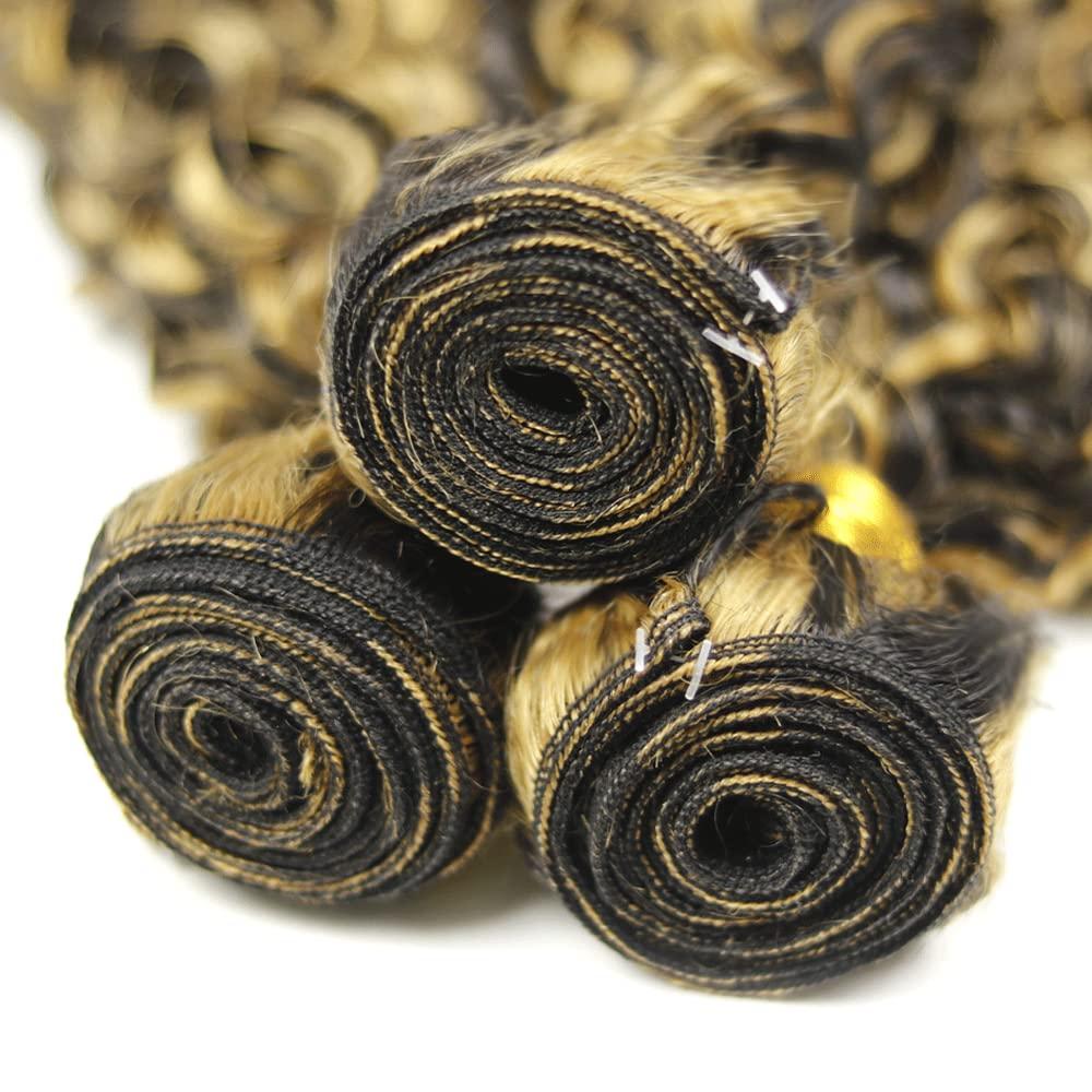 NiegMeag P1B/27 Human Hair Bundles Highlight Deep Wave Bundles Brazillian Grade 8A Virgin Human Hair Mixed Length 3 Bundles 28 30 32 Inch 2 Tone Black Mixed With Honey Blonde Bundles