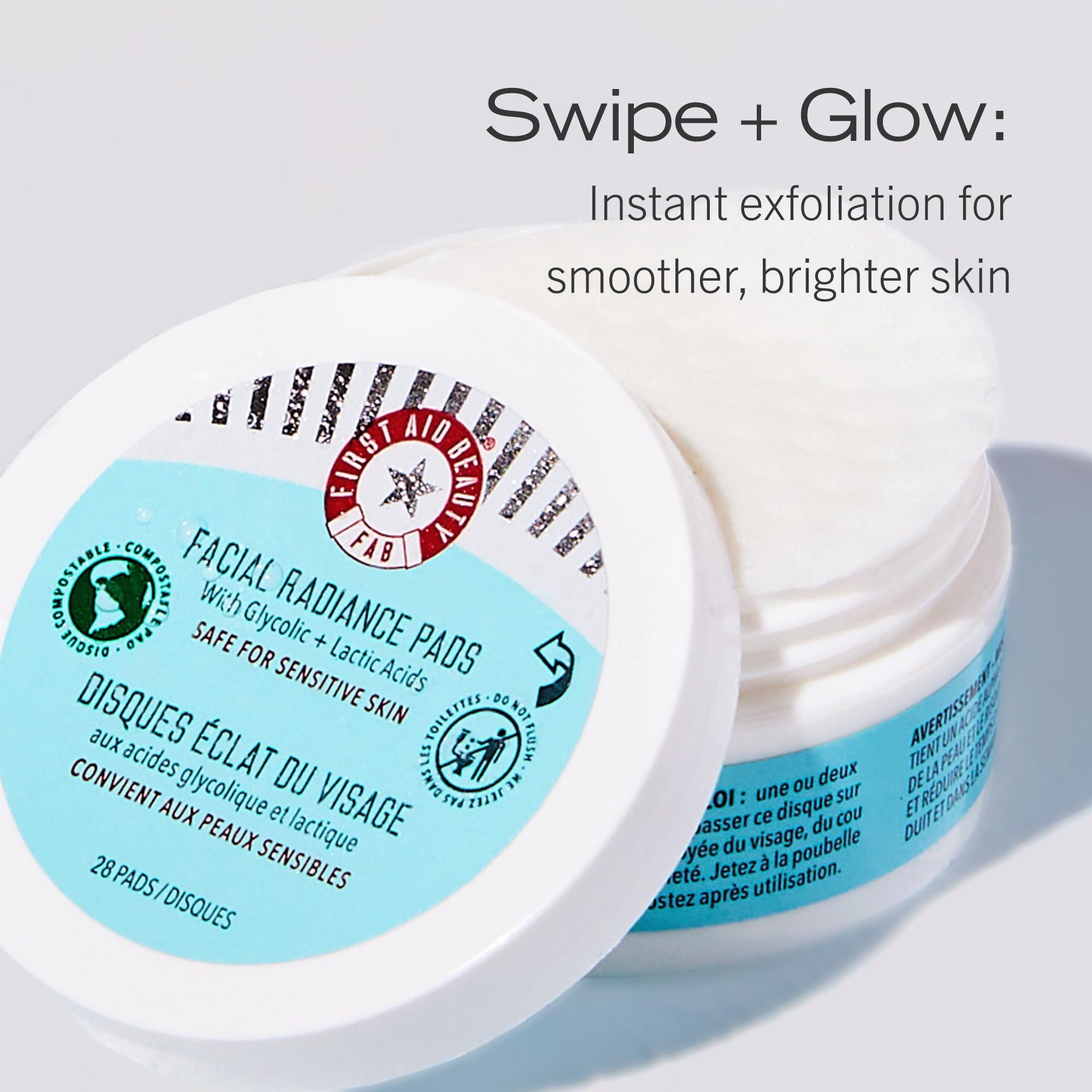 First Aid Beauty First Aid Beauty - Hydrated Glow Kit: KP Bump Eraser Body Scrub, 4 oz, Facial Radiance Pads, 28 Pads, Pure Skin Face Cleanser, 2 oz, & Ultra Repair Cream, 6oz, Hydration and Exfoliation Treatment, 4ct