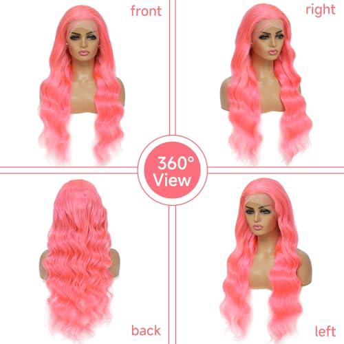 Otinid Pink Lace Front Wig - Human Hair, 13x4 HD Lace Frontal, Pre-Plucked Body Wave, 180% Density, Glueless, 28 Inch