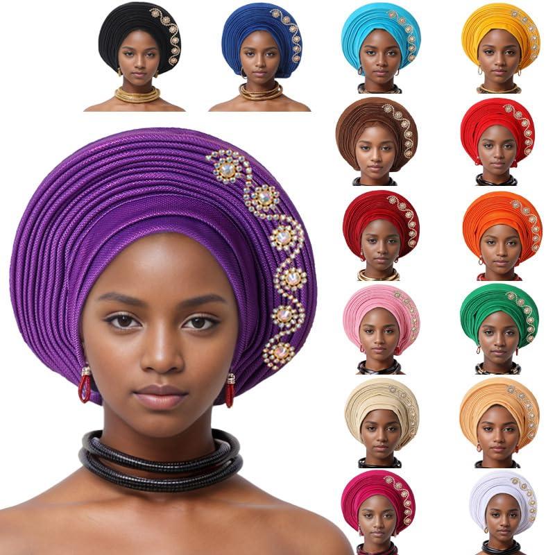 SugeGasa Nigerian Headtie with Stones Female Head Wraps Already Made Auto Gele Head Tie African Turban Cap for Party (Purple)