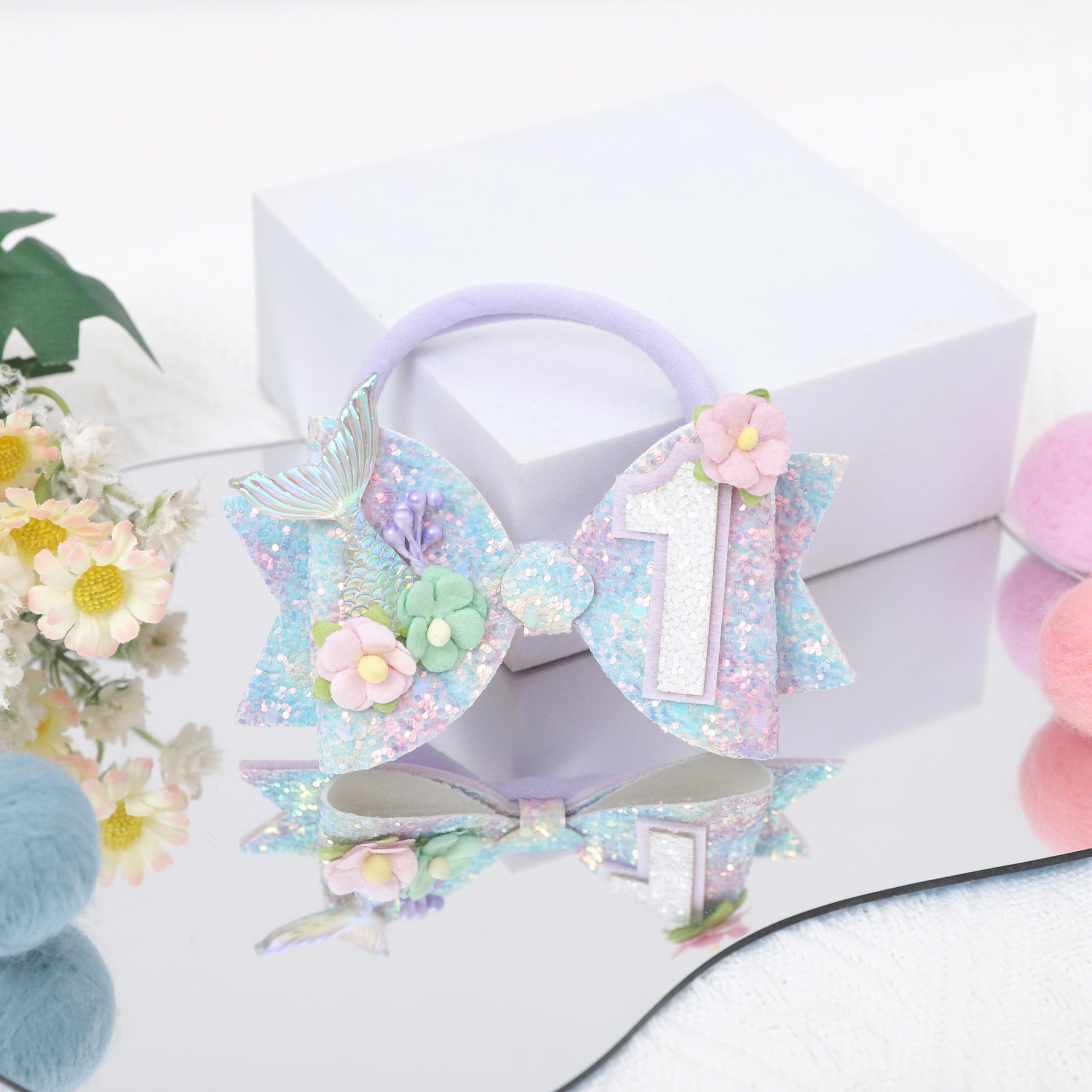 Jissoo Mermaid Birthday Hair Bow - Mermaid Birthday Decoration Hair Clips,Mermaid Hair Bow,Mermaid Bow For Girls,Cake Smash Prop ((1st))
