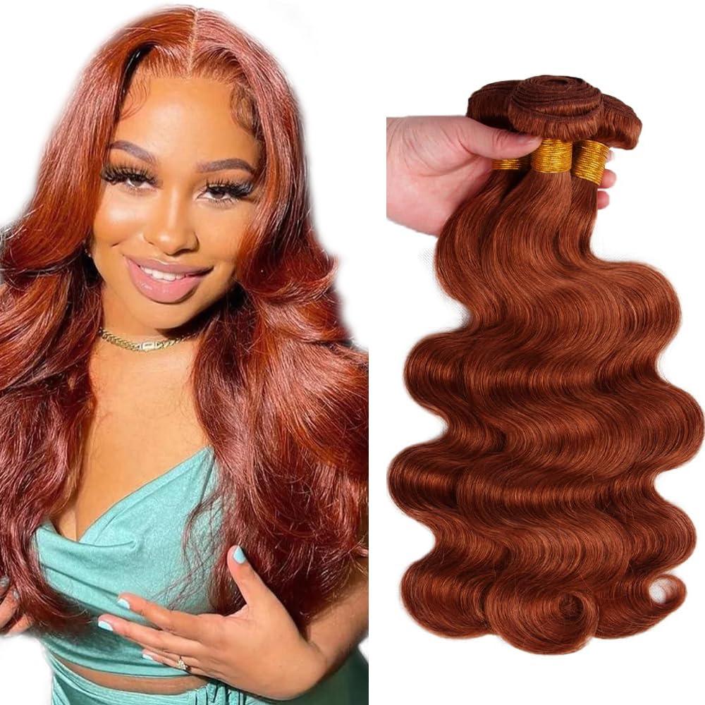 AuokMar AuokMar Copper Human Hair Bundles Reddish Brown Bundles Copper Body Wave Bundles Human Hair 26 28 30 Inch 8a Brazilian Virgin Remy Hair 3 Bundles Color #33 Body Wave Bundles