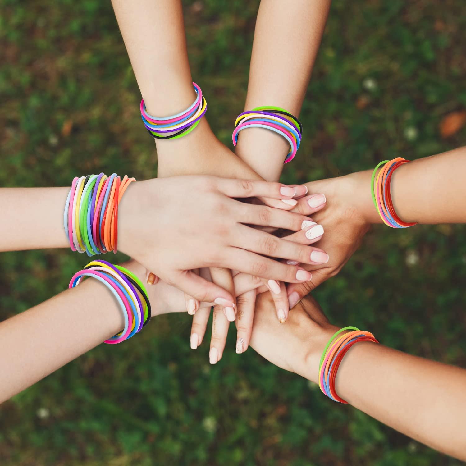 Jolbndcv 80s Colorful Neon Jelly Bracelets Retro Rock Pop Star Rainbow Diva Disco Jelly Neon Gel Stretchable Bracelets Bands 100 Pcs