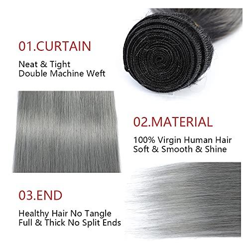 Capurchra Ombre Grey Brazilian Straight Hair 3 Bundles 100% Human Hair Straight Bundles Grade 8A 100% Unprocessed Virgin for Black Women Straight Weave Hair Human Bundles Grey Bundle 18 20 22 inch
