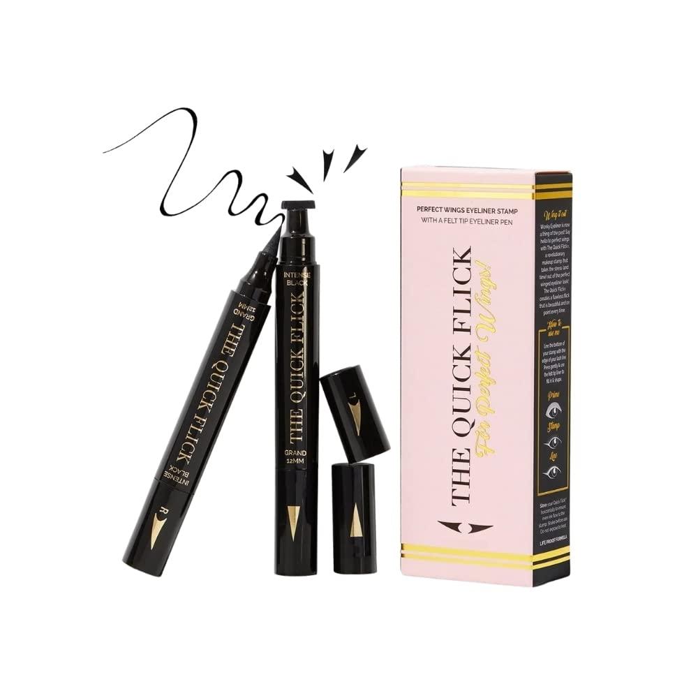 The Quick Flick The Quick Flick Winged Eyeliner Stamp  Waterproof & Smudge Proof Vegan Cat Eye Stamp Eyeliner  3mm Thick Winged Stamp & 8mm Petite Felt-Tip Liquid Hypoallergenic Eyeliner Pen (Intense Black-2 Pen)