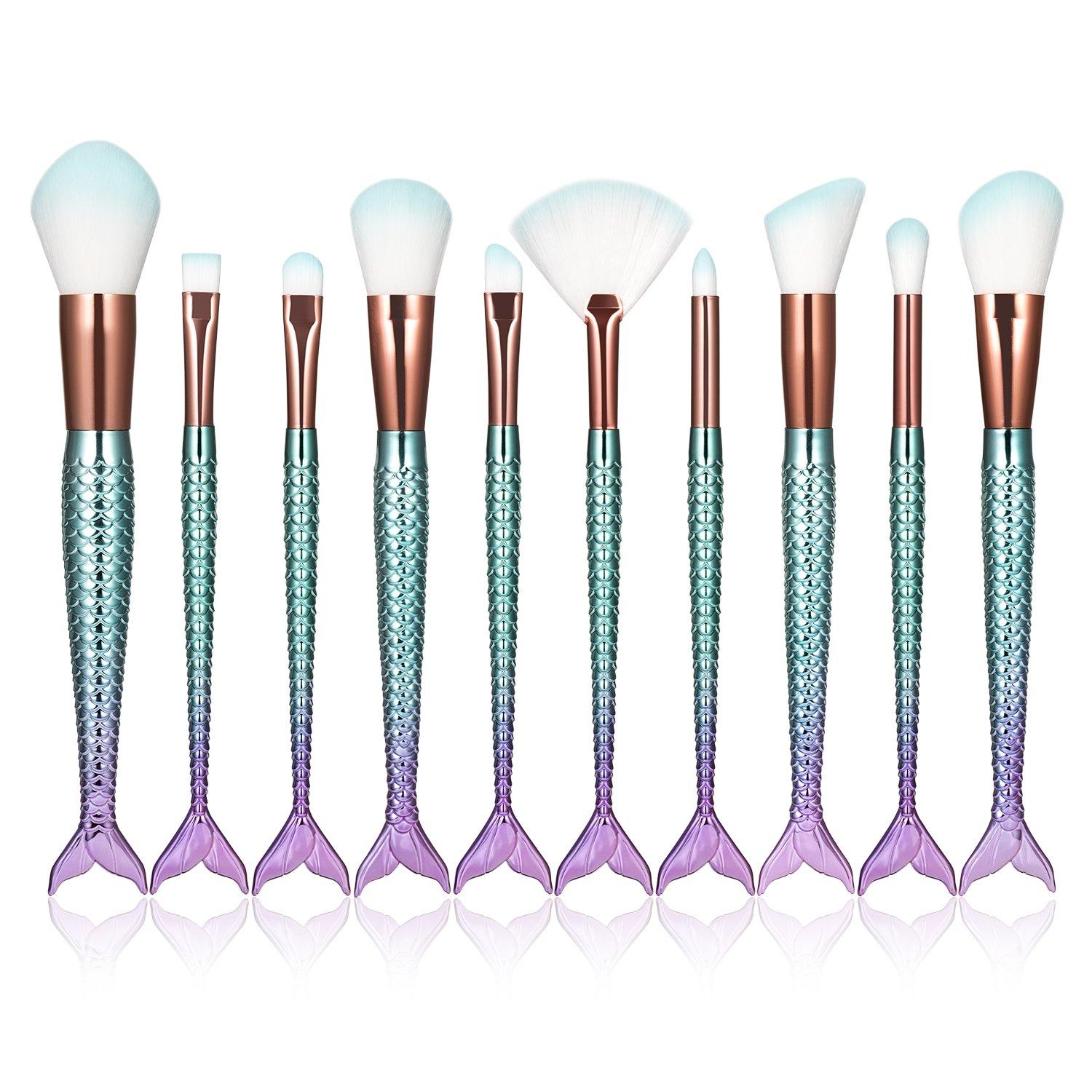 boniss Boniss Mermaid Makeup Brushes set Synthetic Fiber Hair 10Pcs Makeup Brush Kit with Bag Foundation Powder Eyeshadow Eyeliner Blending Blush Lip Concealer Fan Brush Face Cosmetic Tools (Purple blue)