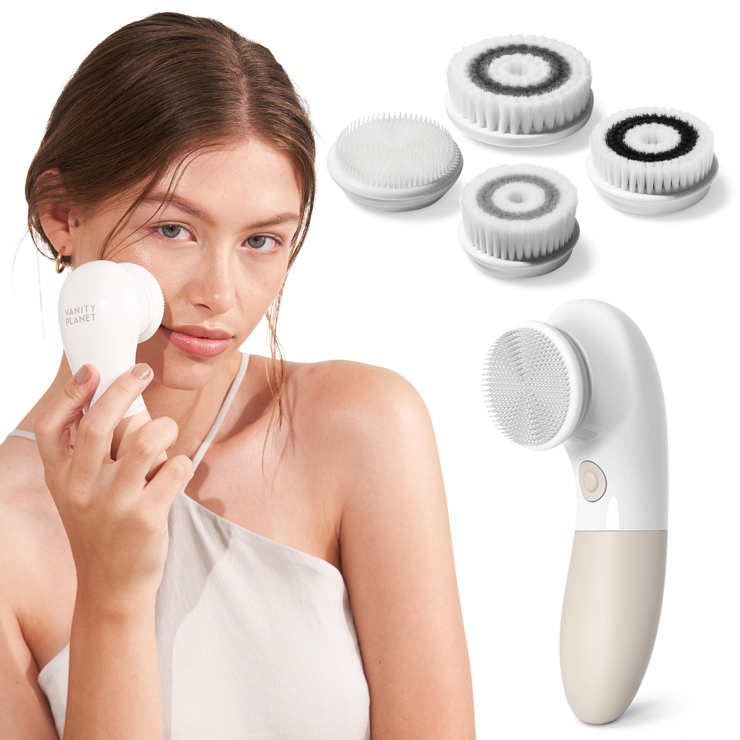 Vanity Planet Raedia Handheld Facial Cleansing Brush with 4 Interchangeable Brush Heads by Vanity Planet - Lightweight Daily Cleansing Brush for Glowing Skin - Water Resistant Face Exfoliator - Warm Grey
