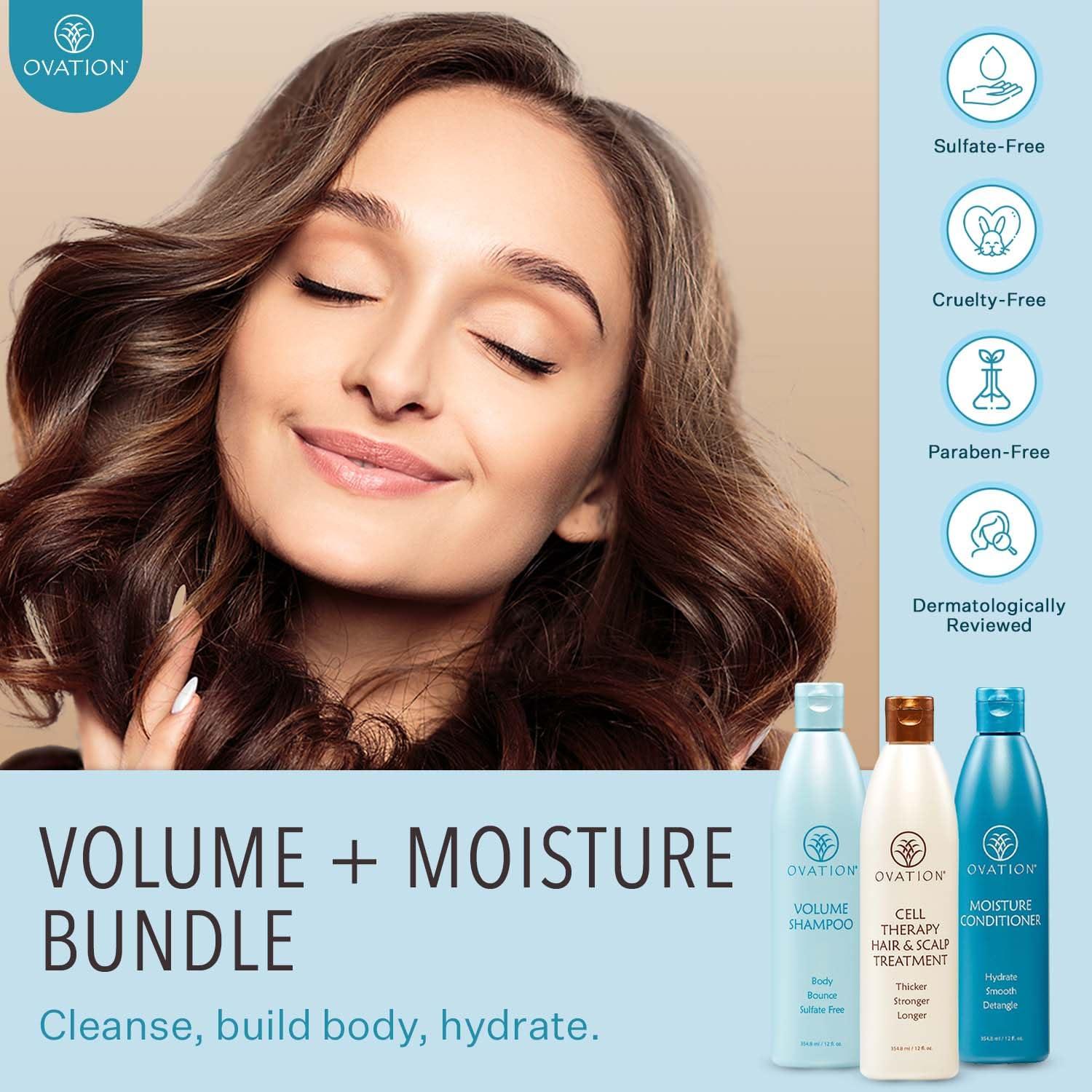 Ovation Hair Ovation Hair 3-Step Bundle for Fine, Dry Hair - with Volume Shampoo, Cell Therapy Hair Growth & Healthy Scalp Treatment, Moisture Conditioner - Add Volume, Fullness, Hydration, Balance & Shine
