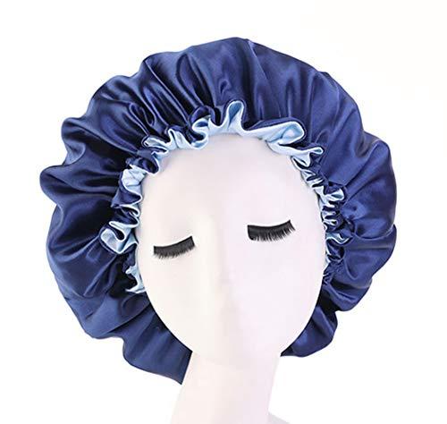 YAENEVE Adjustable Satin Bonnet Cap Night Sleep Hat Beauty Salon Comfortable Sleeping Bonnet for Curly hair,Navy+Light Blue
