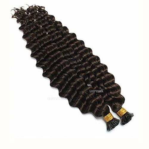 RJ HAIR I Tip Hair 100 Strand Brazilian Wet And Wavy Curly Human Hair Microlinks Keratin I Tips Hair Water Wave (16inch 100Strand, #1(Jet Black))