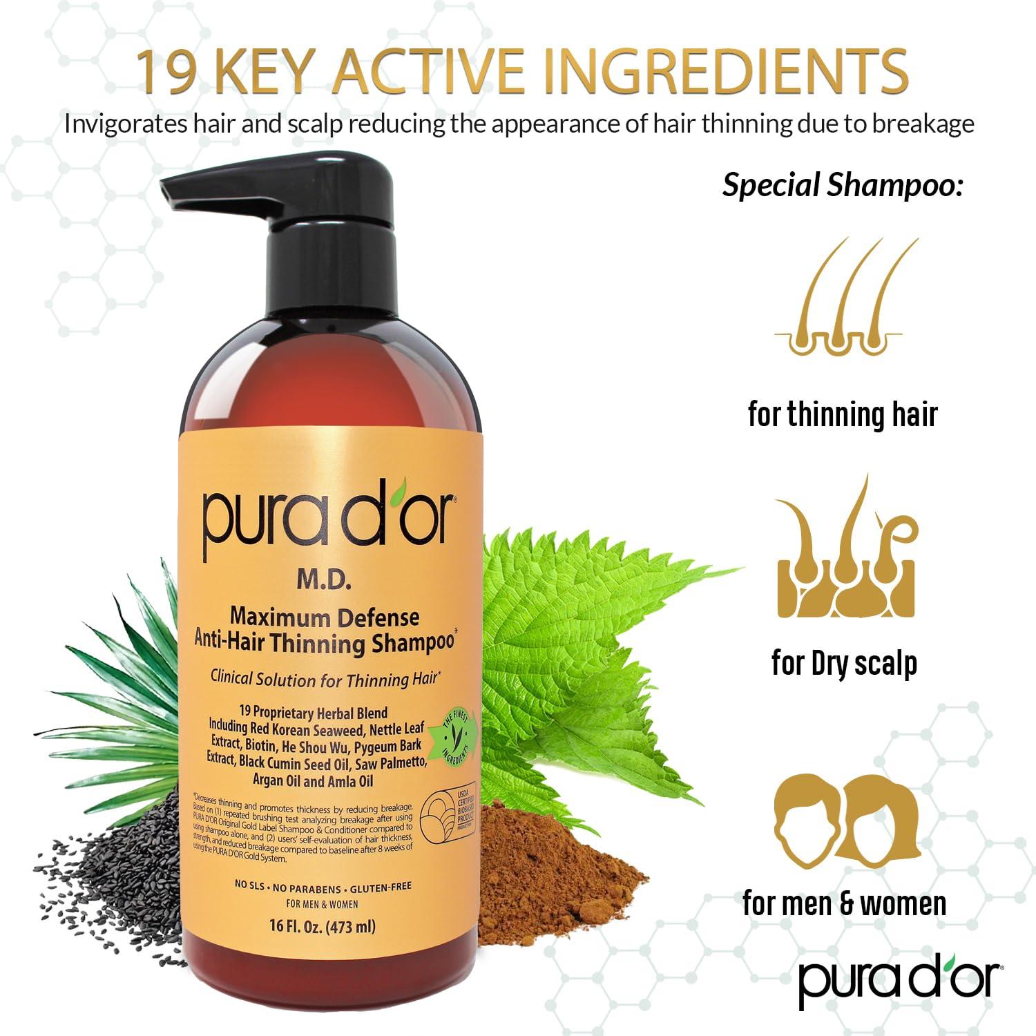 PURA D'OR PURA D\'OR MD Anti-Thinning Biotin Shampoo & Conditioner Set (16oz x2) Maximum Defense Coal-Tar Strong Scented DHT Blocker Hair Thickening Products For Women & Men, Daily Shampoo For Scalp Health