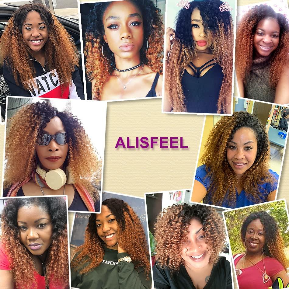 ALISFEEL Ombre Curly 3 Bundles Brazilian Curly Hair Wet and Wavy Human Hair Dark Brown Weave 3 Bundles Kinky Curly 1B/30 Black to Brown (16"18"20")