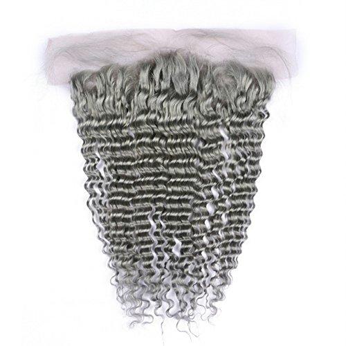 General Cloud Hair Pure Grey Deep Wave Brazilian Hair Bundles with Frontal Silver Grey Deep Wavy Human Hair Wefts 3 Bundles with Full Lace Closure 13x4 Gray Colored Hair Weaves (12 14 16 with 10)