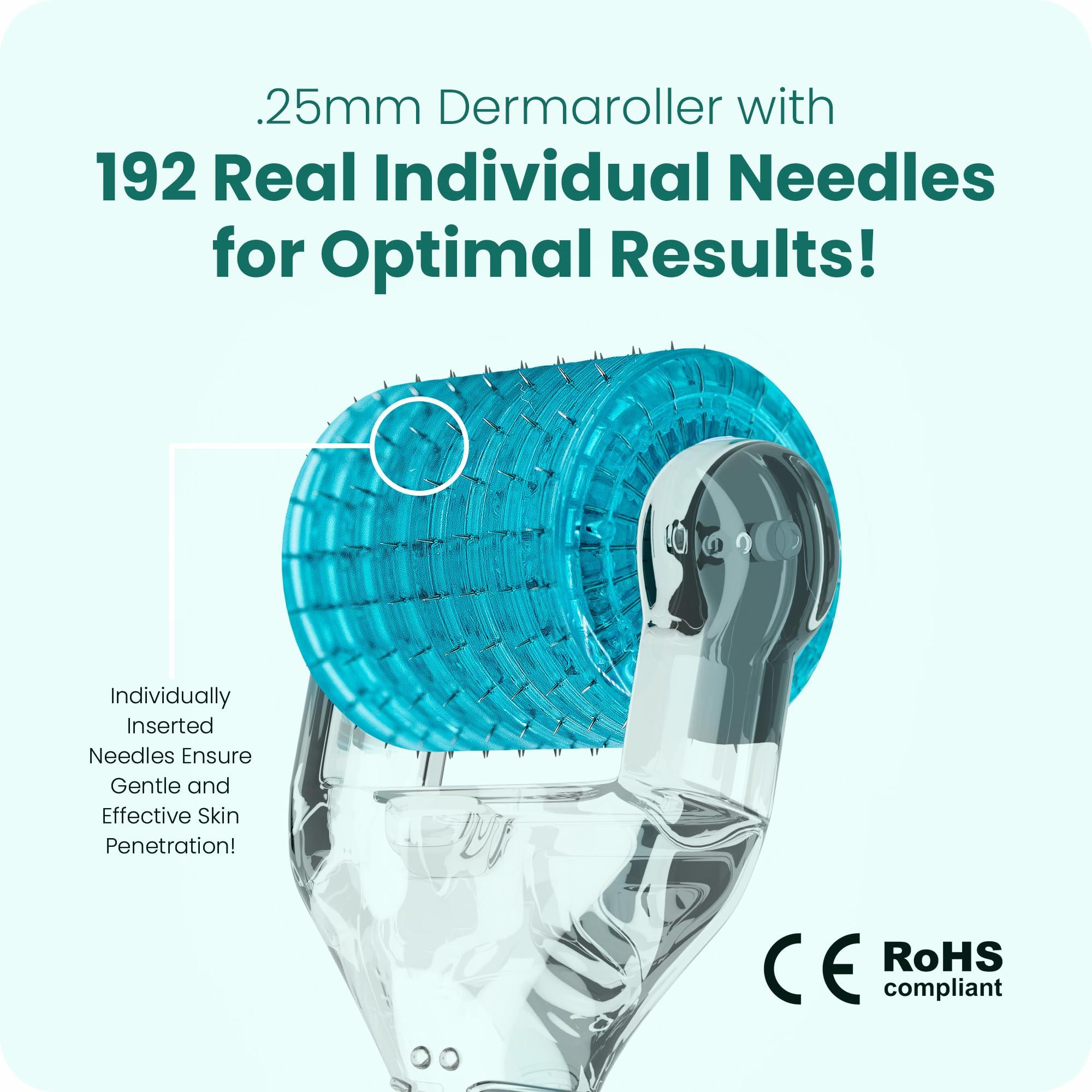 Gin Amber Gin Amber Dermaroller (0.25mm) - 192 Real Individual Needles, Microdermabrasion Device for Skin Care, Serum Absorption with Microneedling, Safe and Painless Revitalizer Tool, Hygienic Case