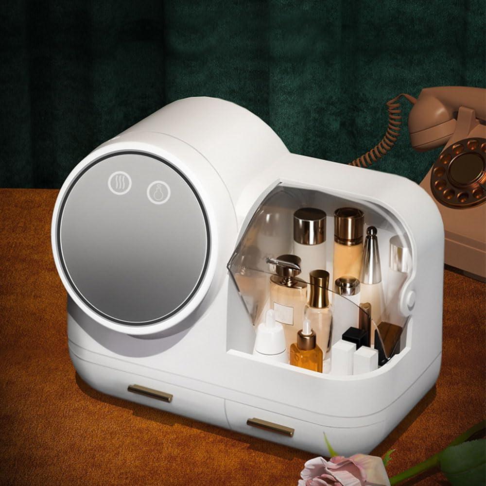 FEOKUMO Makeup Organizer Holder with Mirror and Light, Portable Cosmetic Display Case, Great for Bathroom Countertop Bedroom Dresser (white)