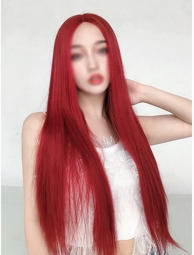 Generic Wig Wig Long Straight Hair Matte High Temperature Silk Material Wig for Daily Party Use for Daily Party Use (Color : Wine Red)