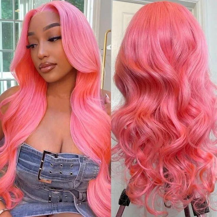 Mscathy Mscathy Pink Body Wave Lace Front Wigs Human Hair Pre Plucked 150 Density Pink Human Hair 134 Lace Front Wigs for Women(26 Inch, Pink)