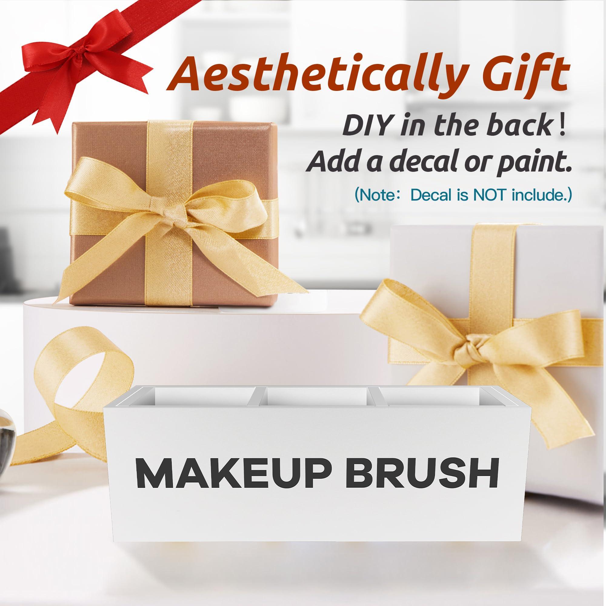 Suli Suli Large Makeup Brush Holder Organizer, Wooden Cosmetic Brushes Storage with 3 Slots, Eyeliners Display Case for Vanity Desktop Bathroom Countertop -White