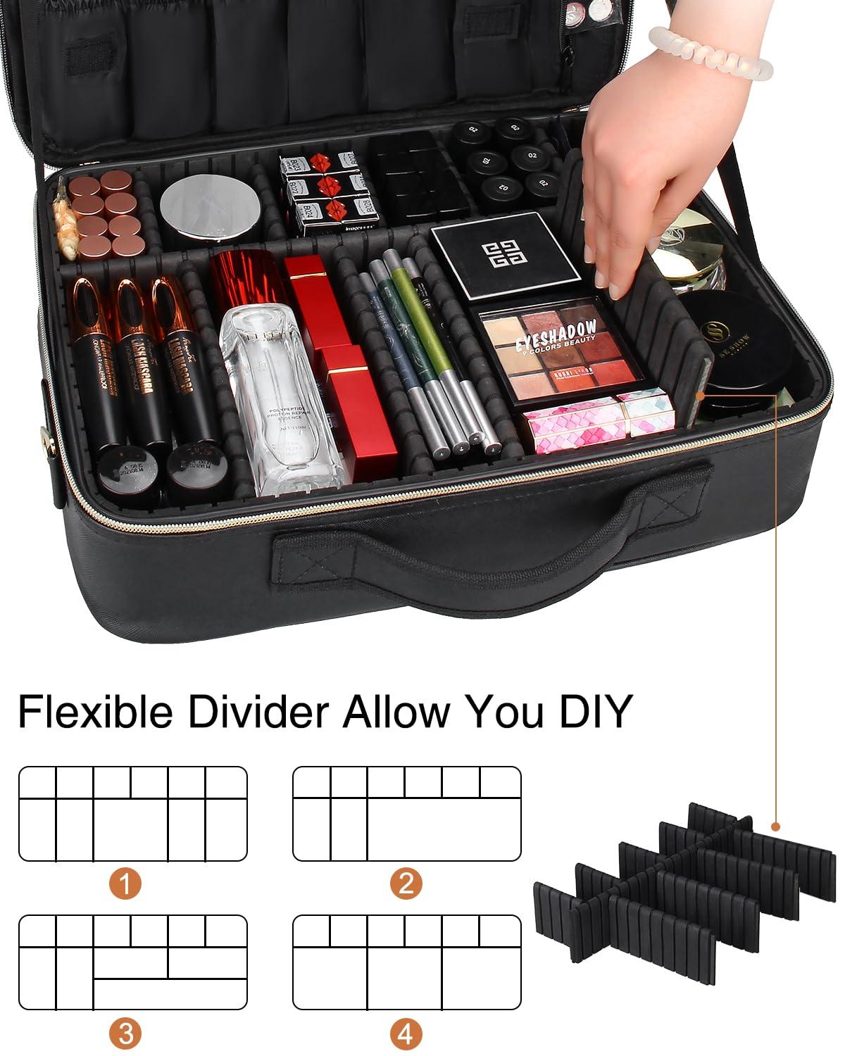 MONSTINA MONSTINA Large Makeup Travel Case Bag,Professional Makeup Artist Train Case with Brush organizer,Large Capacity Cosmetic Bag with Zipper Pocket and Adjustable CompartmentPU Leather Black