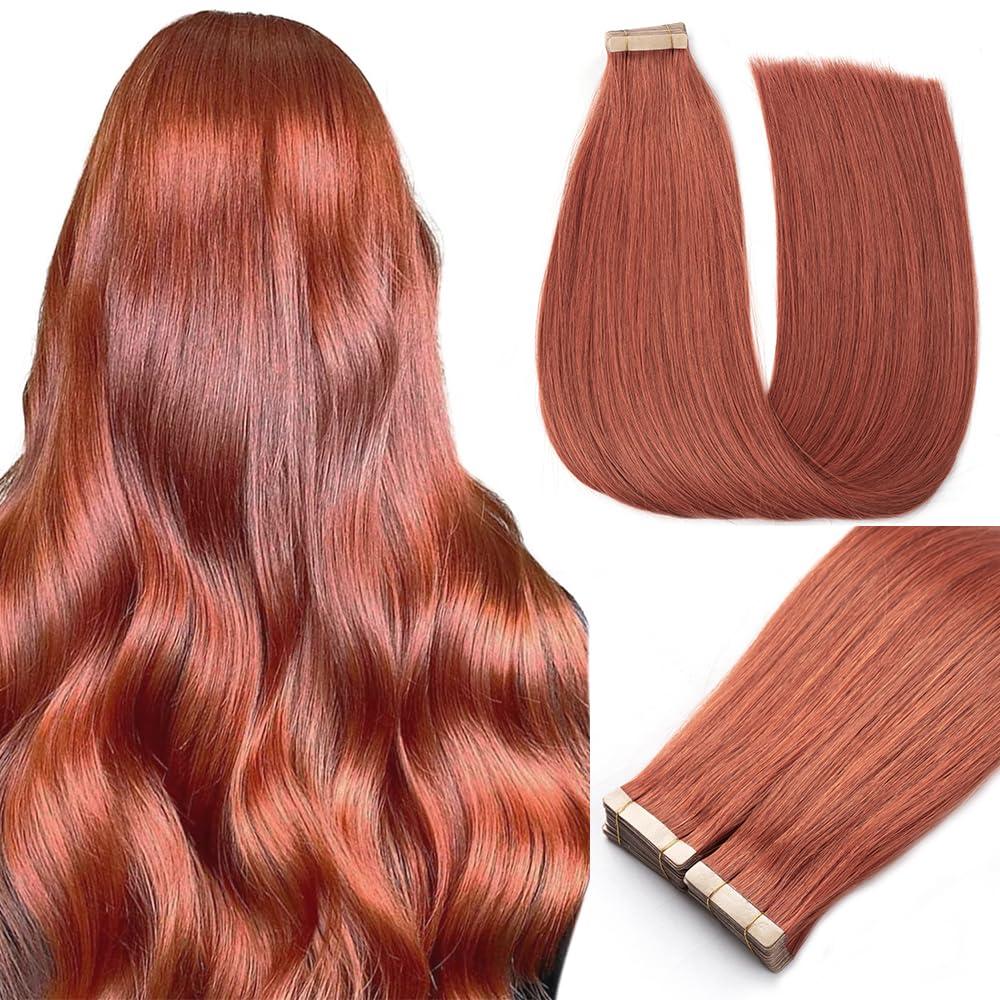YDDM Tape in Hair Extensions Human Hair, Copper 20pcs 18 Inch Tape Ins for Women Human Hair Extensions Tape in Straight Seamless Skin Weft Remy Tape in Hair Extensions (350#, 18 Inch)