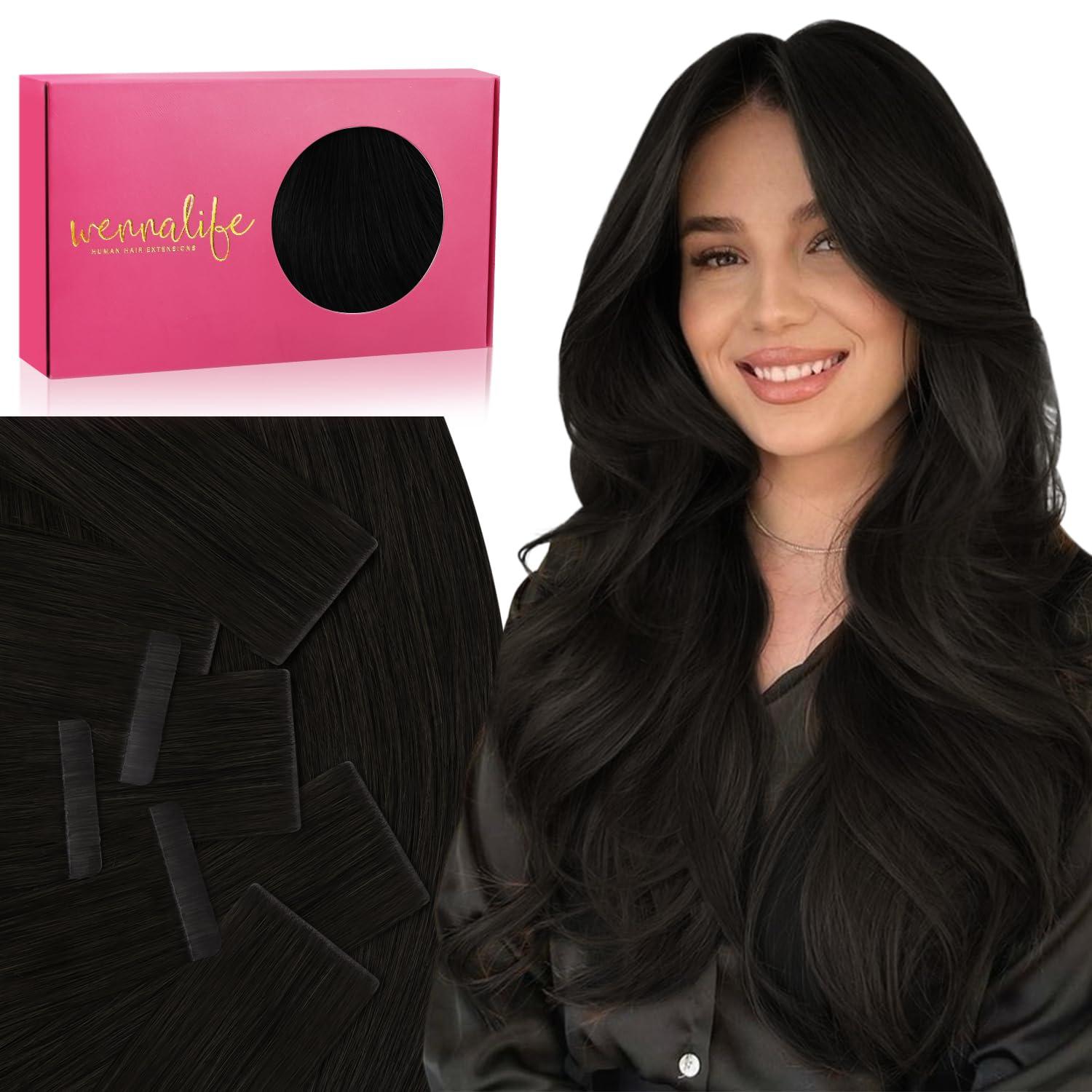 Wennalife WENNALIFE Invisi Edge & Classic Tape in Hair Extensions Human Hair, 18 Inch 50g 20pcs(10pcs Invisi Edge & 10pcs Classic) Natural Black Invisible Luxury Remy Hair Natural Seamless Injected Tape Ins