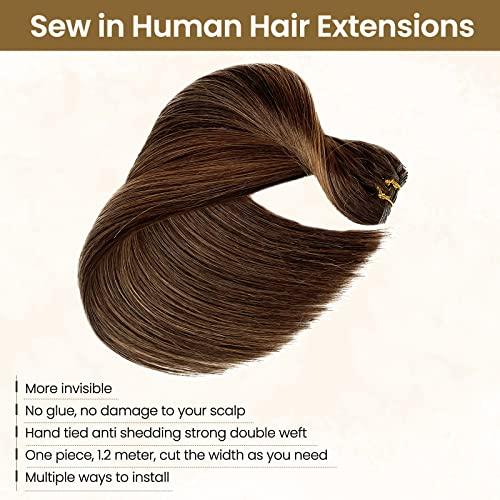 Benafee Sew in Weave Hair Bundles Ombre Dark Brown Mix Chocolate Brown Human Hair Weave Bundles 24 Inch Hand Tied Beaded Weft Hair Extensions Human Hair Extensions Sew in Hair Bundles Invisible Sew in Hair