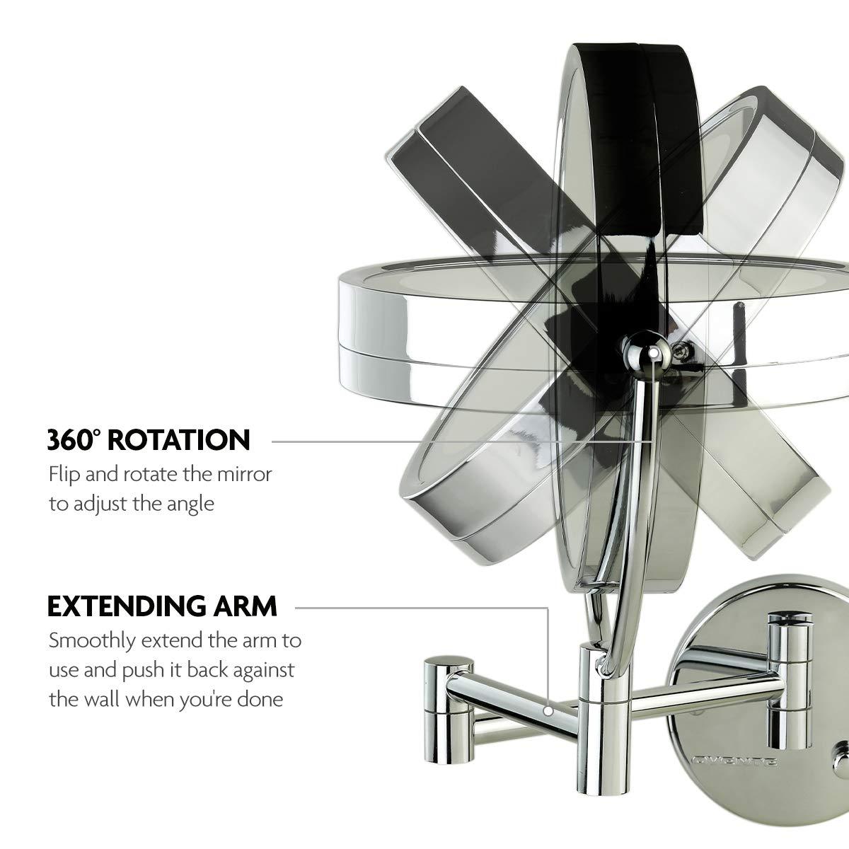 OVENTE OVENTE 9\" Lighted Wall Mount Makeup Mirror with 1X/7X Magnification, Double Sided Magnifying Vanity Mirror, LED Glow Light, 360 Swivel Design, Extendable & Folding Arm, Polished Chrome MPWD3185CH1X7X