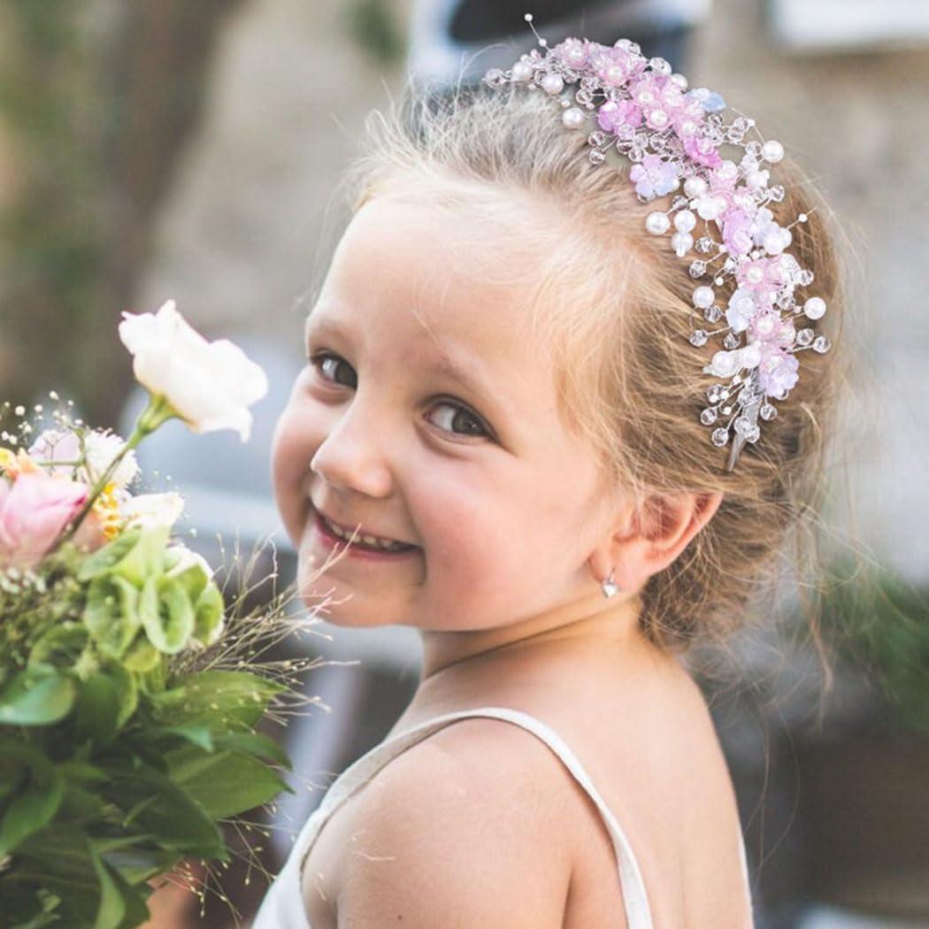 Woeoe Woeoe Pearl Princess Headband Pink Flower Crystal Hair Band Birthday Wedding Communion Hair Accessories