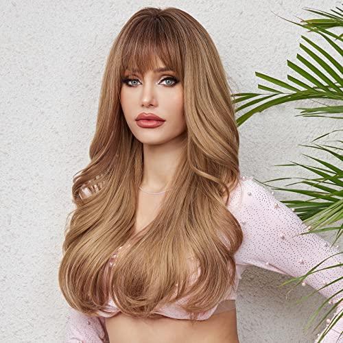 HAIRCUBE HAIRCUBE Light Brown Long Curly Wig with Bangs Heavy Blonde Natural Appearance Heat-Resistant Synthetic Wig Suitable for Fashionable Women 24Inch