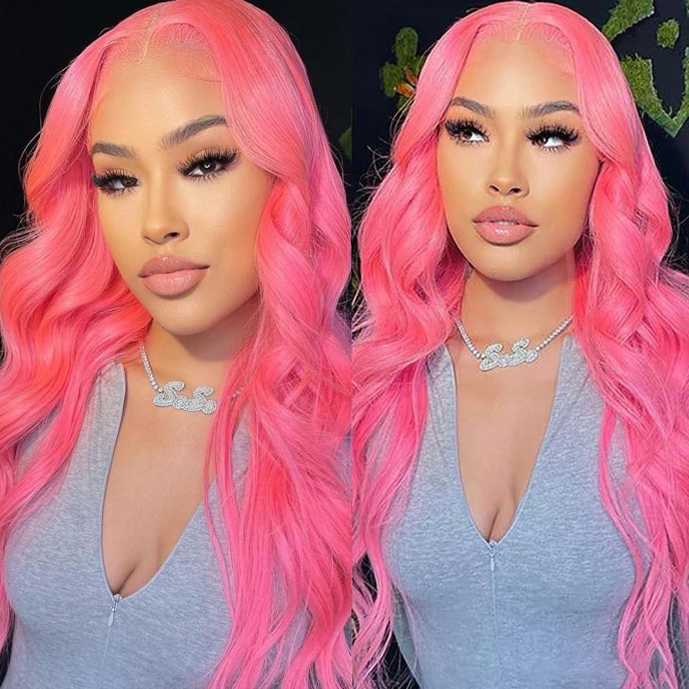 Mscathy Mscathy Pink Body Wave Lace Front Wigs Human Hair Pre Plucked 150 Density Pink Human Hair 134 Lace Front Wigs for Women(26 Inch, Pink)