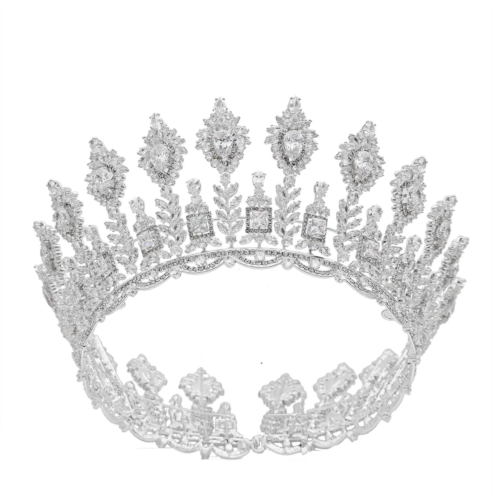 QXMYOO Luxury Round Wedding Crowns for Women Silver Cubic Zirconia Big Queen Tiaras Full Pageant Crowns Hair Accessories for Bride