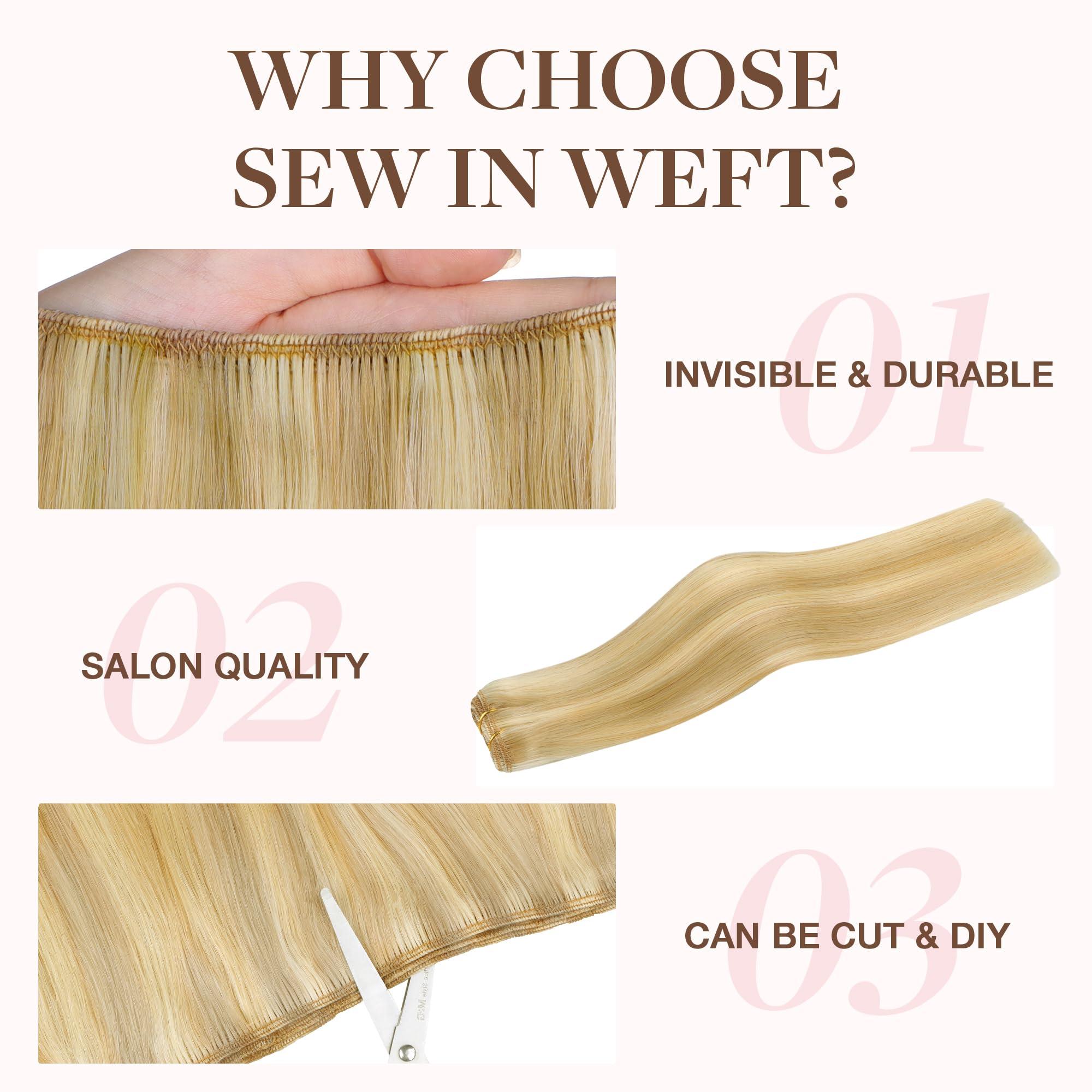 GOO GOO GOO GOO Sew in Hair Extensions Real Human Hair, Weft Hair Extensions Human Hair, 18D/22F Dirty Blonde Highlights 22inch 110g, Weft Bundles Straight Silky Remy Hair