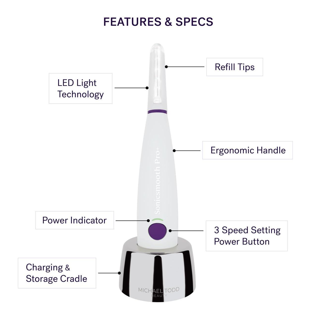 MICHAEL TODD Michael Todd Beauty - Sonicsmooth Pro+ Dermaplaning System with LED Light - 2 in 1 Women\'s Face Exfoliation & Peach Fuzz Hair Remover - 16 Dermaplaning Blades & 2 Microsmooth Microdermabrasion Tips