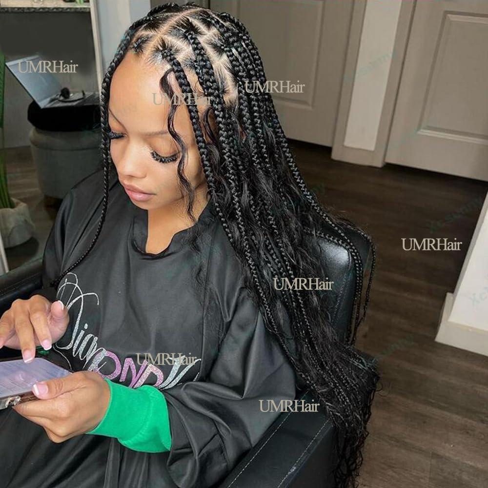 UMRHair Prelooped Human Hair Bulk Crochet Goddess Braids with Human Hair Curls Synthetic Braiding Hair with Curly Ends Crochet Boho Box Braids Natural Black 30inch