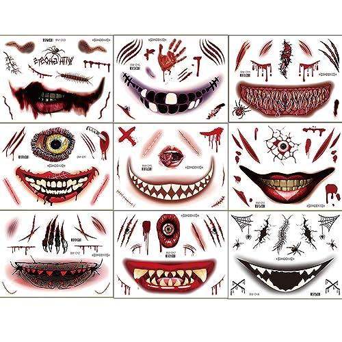 BWDCQMX Halloween Clown Horror Mouth Tattoo 3D Fake Scars Tattoo Temporary Scary Big Mouth Face Tattoos Decals Kits Prank Props for Halloween Cosplay Party Decorations