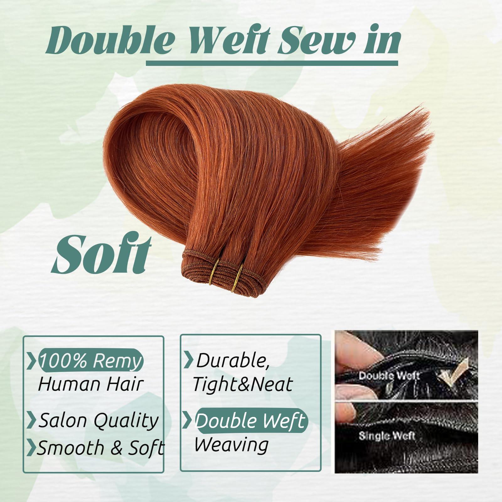 Smavida Ginger Sew in Hair Extensions Real Human Hair Weft Hair Extensions Red Wine Color Sew in Weave Silky Straight Hair Extensions Hand Tied Human Hair Weft Hair Extensions Thick Ends