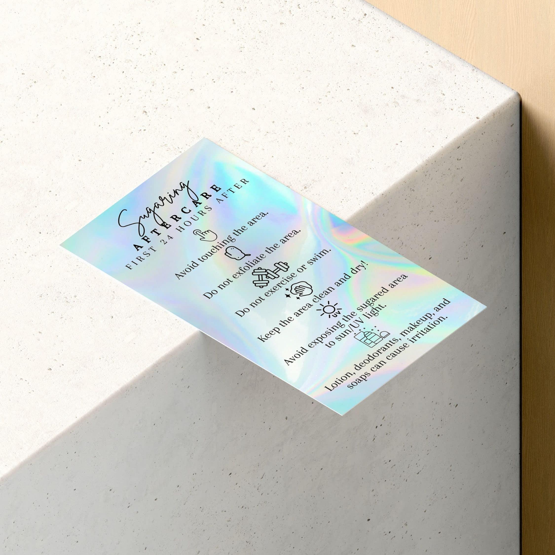 Lashicorn Sugaring Hair Removal Aftercare Cards | 50 Pack | Size 2x3.5 inches Business Card Size | Waxing Aftercare Kit Cards | Client Hand Out Wax Post Sugar FAQs Aftercare Faux Holographic Rainbow design