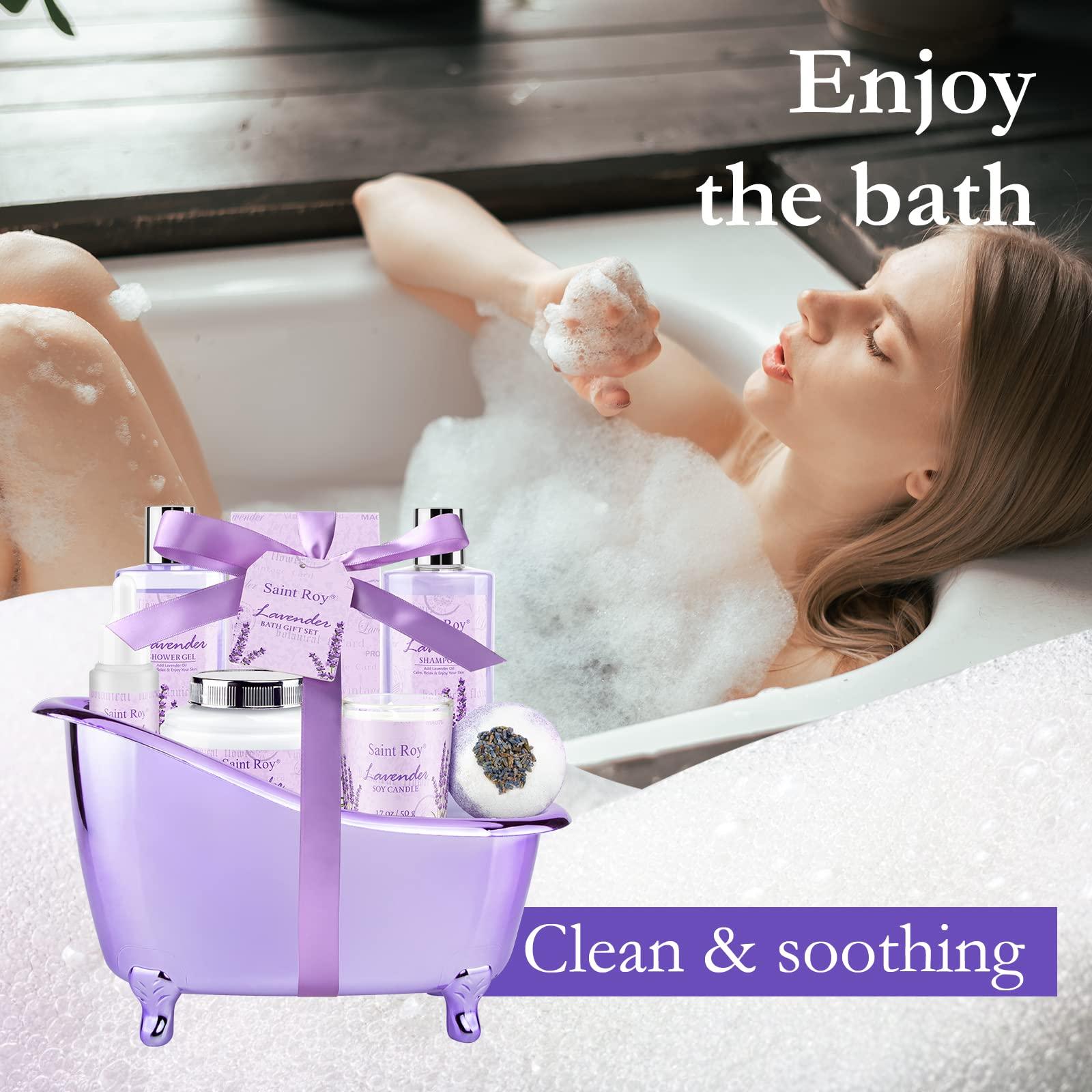 Saint Roy spa set Gifts for Her Spa Gift Baskets for Women - Saint Roy Lavender Gifts for Women, Bath Set with Shower Gel, Shampoo, Home Spa Kit Gifts for Her, Christmas, Mothers Day