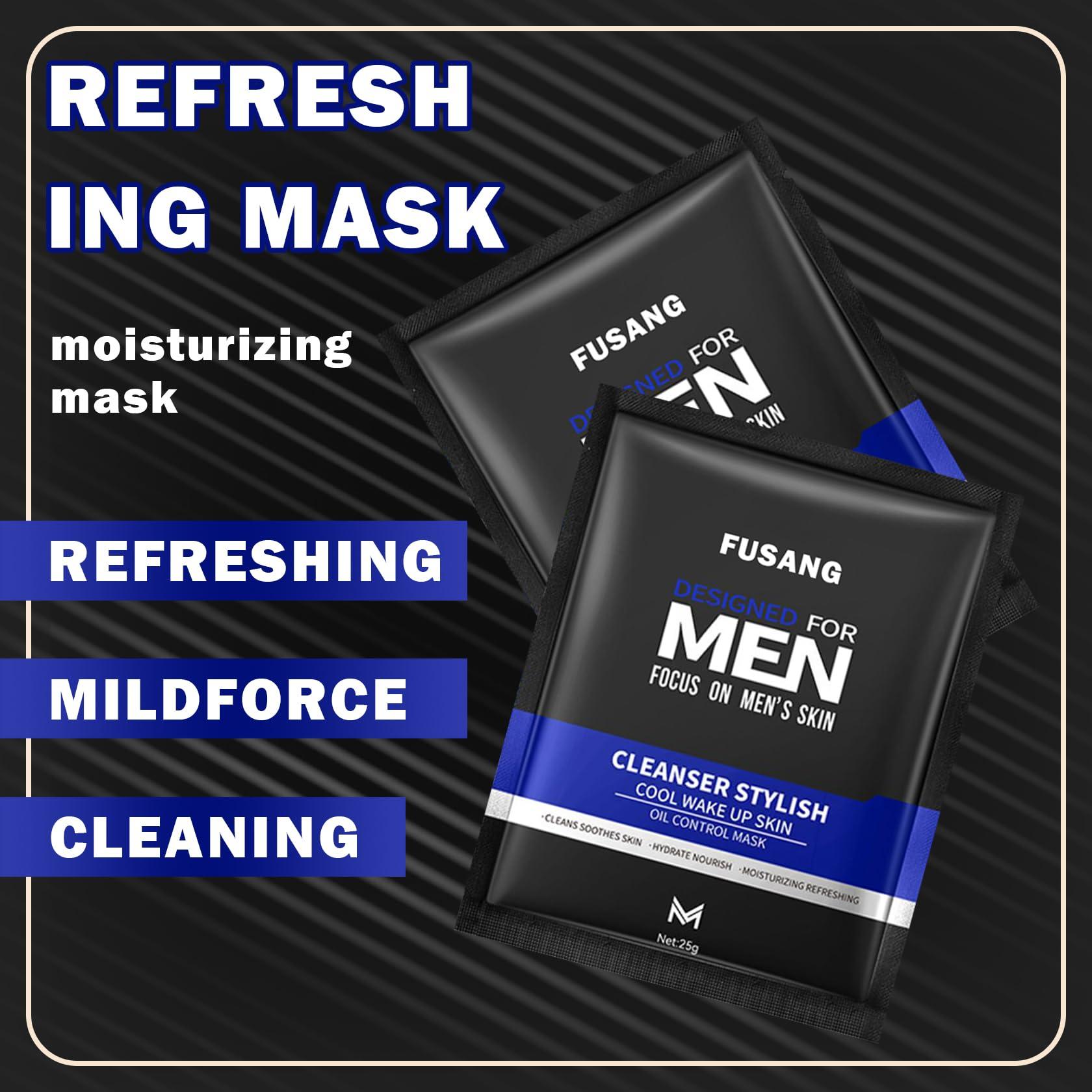 Fusang 5 Pcs Mens Facial Sheet Mask,Hydrating Face Masks Skincare Gift Set for Men,Moisturizing Soothing Facial Masks,Easy to Use & Nourishing Face Mask Skin Care Set
