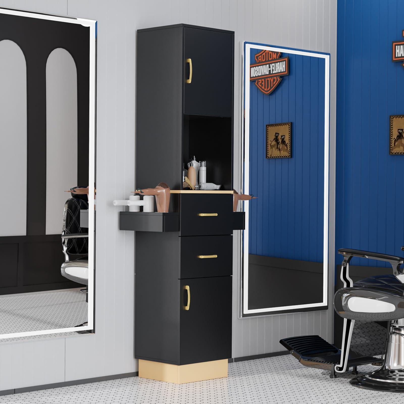OmySalon Salon Stations for Hair Stylist, Barber Station Hair Salon Station, Beauty Salon Spa Equipment with 2 Drawers, 2 Storage Cabinet, 6 Hair Dryer Holders for Hair Styling, Black Gold