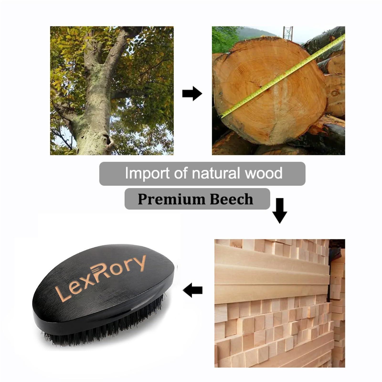 LexRory 360 Curved Wave Brush For Men - Medium Hard Palm Wave Hair Brushes - Made with Beech Mix Nature Boar Bristle Brush For Black Hair (Black)
