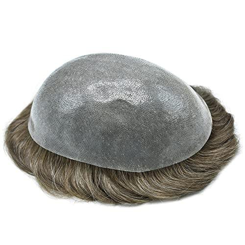 LHC Hair System For Men 0.1MM Full Poly Toupee For Men Human Hair ComfortableWiht durable Mens Hair Pieces Protesis Capilar Para Hombre (8\'\'*10\'\', #740 7# VERY LIGHT BROWN WITH 40% SYNTHETIC GREY -110% light to medium density)