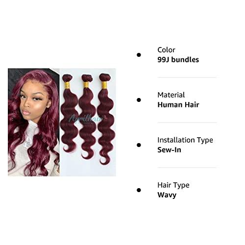 Aprilhair Aprilhair 8A Machine Double Weft Raw Brazilian Virgin Human Hair Extensions Wine Red #99J Body Wave 3 Bundles (14'' 16'' 18'', 99J bundles)
