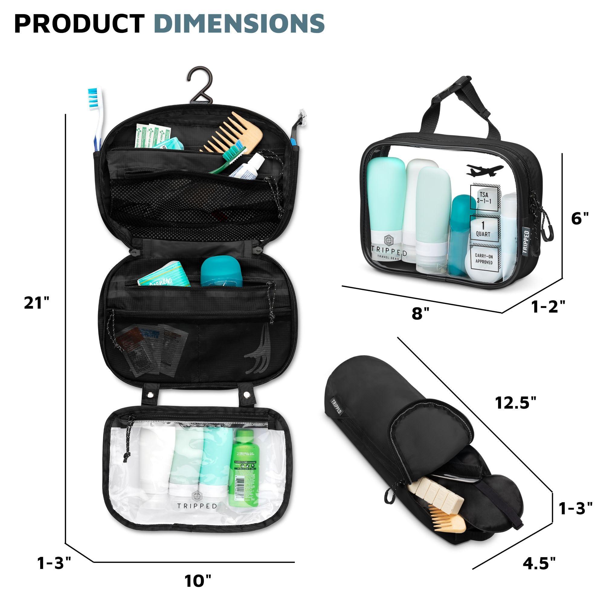 TRIPPED Travel Gear Toiletry Bag Kit Set: Hanging Travel Toiletry Bag + 311 TSA Cosmetic Liquid Bag + Ultralight Accessory Organizer Pouch (Black Ripstop)