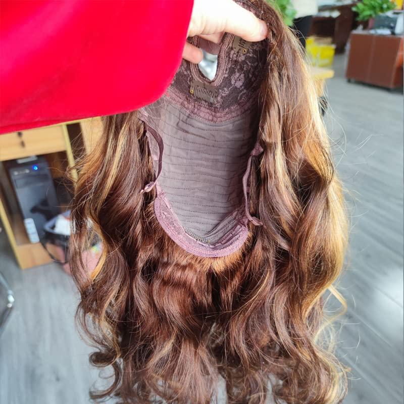 UMRHair 20inch Ombre Highlight U Part Wig Human Hair Body Wave for Women 4/27 Balayage Brown Blonde 180% 1X4 U Open Full Head Upart Natural Hair Half Wig Clips In Scalp Protective Beginner Friendly