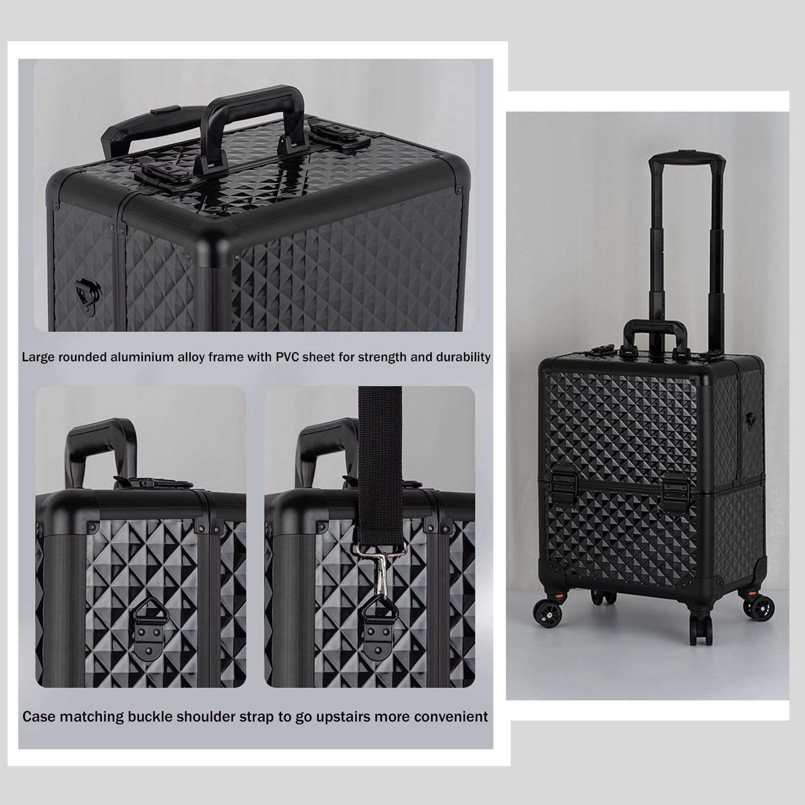 HJXGQJM HJXGQJM Rolling Makeup Case Professional Makeup Train Case Makeup Artist Travel Organizer, Aluminium Vanity Case, Make Up Artist Train Case Hairdressing Tools Organiser, Black