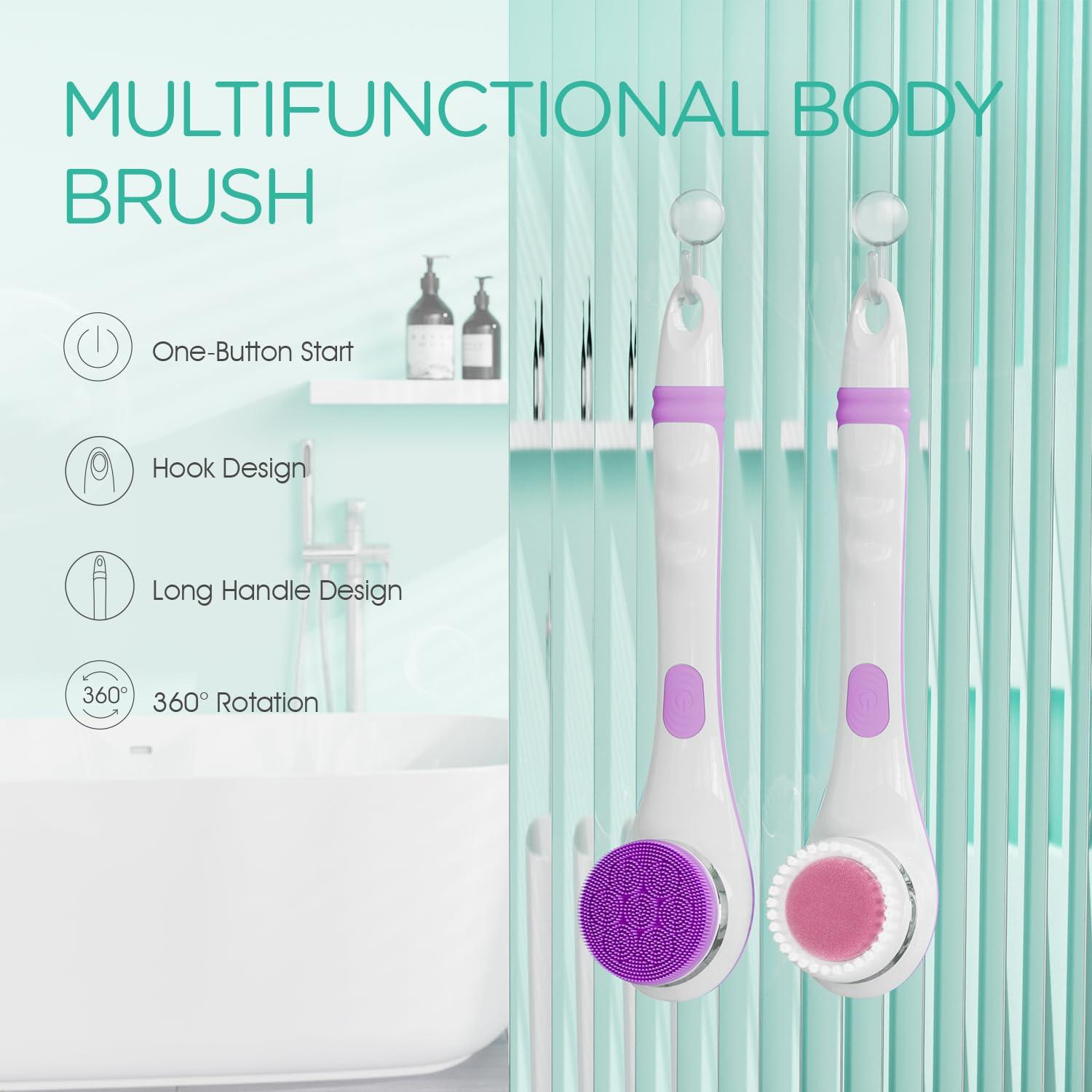 VOYOR VOYOR Electric Body Brush Back Scrubber for Shower Rechargeable Exfoliating Bath Brush Powered Shower Brush with Non-Slip Long Handle Deep Cleansing, Exfoliation, Massaging Spin Brush BC100 (Purple)